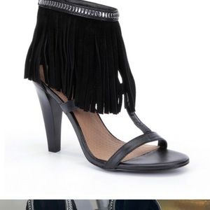 Gianni Bini Black Size 8.5 Suede fringe beaded zipper bootie heel sandals EUC